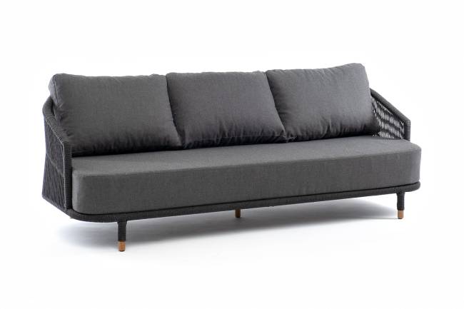 "Верона" диван 3-местный плетеный из роупа, каркас алюминий темно-серый (RAL7024) муар, роуп темно-серый круглый, ткань темно-серая 027