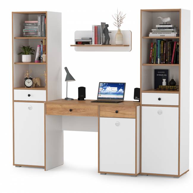 Стол компьютерный Вуди с навесной полкой и два пенала цвет белый премиум/дуб крафт золотой
