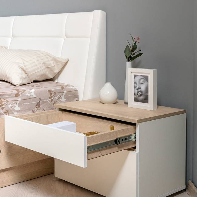 Кровать двуспальная Муссон 1600 с ортопедическим основанием и прикроватная тумба цвет белый/дуб эндгрейн элегантный Кровать двуспальная Муссон 1600 с ортопедическим основанием и прикроватная тумба цвет белый/дуб эндгрейн элегантный