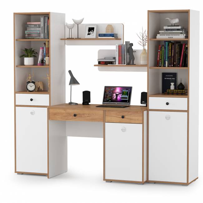 Компьютерный стол с двумя полками и двумя пеналами Вуди цвет белый премиум/дуб крафт золотой