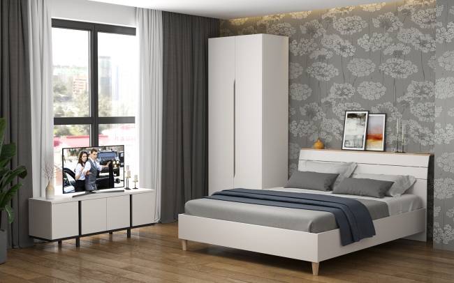 Двуспальная кровать Муссон с ортопедическим основанием цвет белый/дуб эндгрейн элегантный Двуспальная кровать Муссон с ортопедическим основанием цвет белый/дуб эндгрейн элегантный