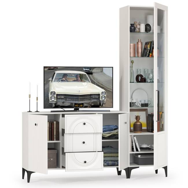 Пенал со стеклом и комод-ТВ-тумба Валенсия цвет белый шагрень Пенал со стеклом и комод-ТВ-тумба Валенсия цвет белый шагрень
