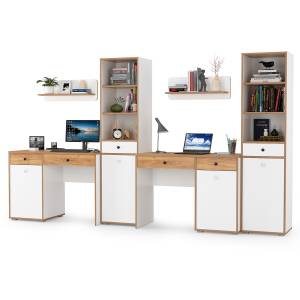 Два письменных стола с открытыми полками Вуди и два пенала для тетрадей и учебников цвет белый премиум/дуб крафт золотой