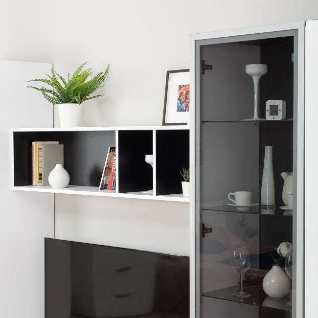 Стенка для гостиной Сидней Комплектация № 23 цвет белый/чёрный/фасады МДФ белый глянец