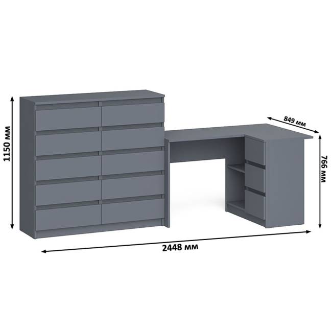 Стол компьютерный МС-16 с тумбой справа и высокий комод на 10-ть ящиков Мори цвет графит