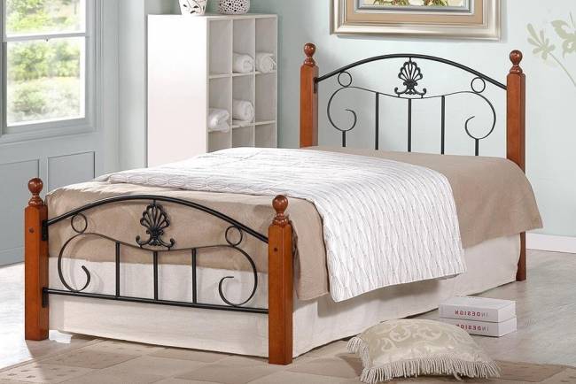 Кровать РУМБА (AT-203)/ RUMBA дерево гевея/металл, 90*200 см (Single bed), красный дуб/черный дуб темный дерево гевея/металл