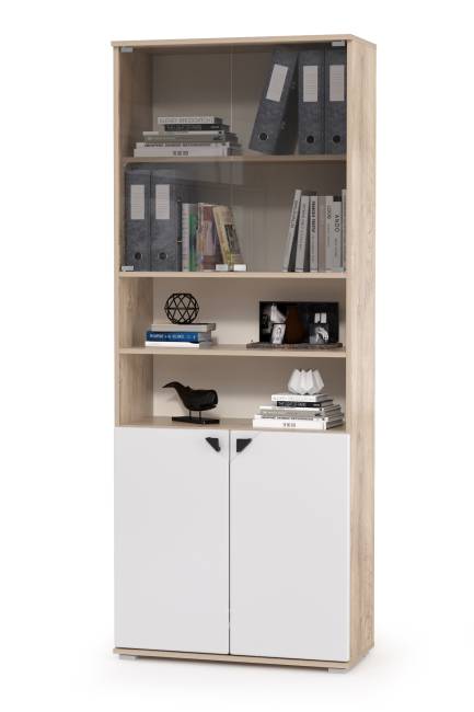 Компьютерный стол со шкафом и полкой со стеклом Бостон цвет дуб эндгрейн элегантный/фасады МДФ милк рикамо софт