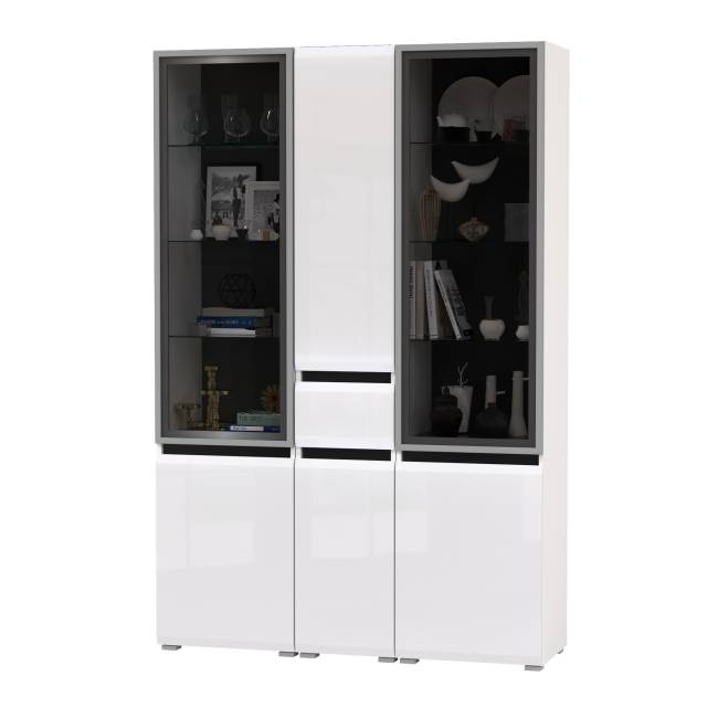 Горка для гостиной Сидней из шкаф-витрина 2 штуки и шкаф с ящиком 13.202 цвет белый/чёрный/МДФ белый глянец