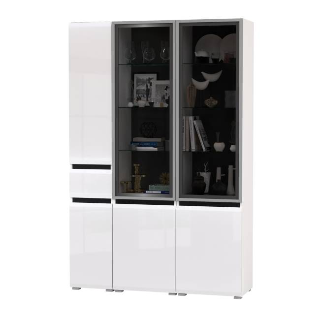 Горка для гостиной Сидней из шкаф-витрина 2 штуки и шкаф с ящиком 13.202 цвет белый/чёрный/МДФ белый глянец