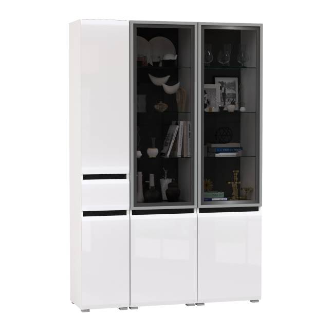 Горка для гостиной Сидней из шкаф-витрина 2 штуки и шкаф с ящиком 13.202 цвет белый/чёрный/МДФ белый глянец