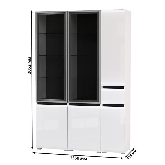 Горка для гостиной Сидней из шкаф-витрина 2 штуки и шкаф с ящиком 13.202 цвет белый/чёрный/МДФ белый глянец