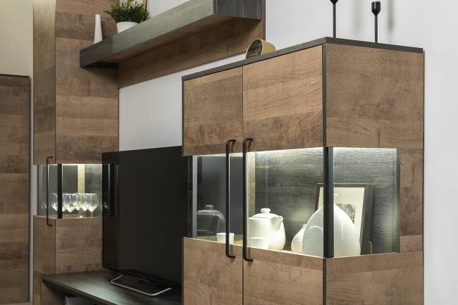 Стенка в гостиную с подсветкой в стиле лофт Трувор № 53 цвет дуб гранж песочный/интра