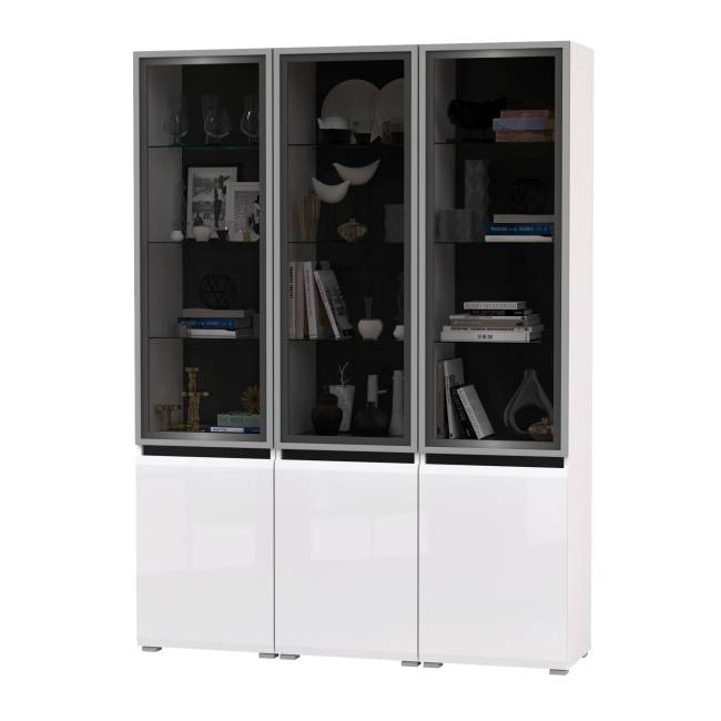 Горка в гостиную с с тремя стеклянными дверками Сидней 13.201 цвет белый/чёрный/МДФ белый глянец Горка в гостиную с с тремя стеклянными дверками Сидней 13.201 цвет белый/чёрный/МДФ белый глянец