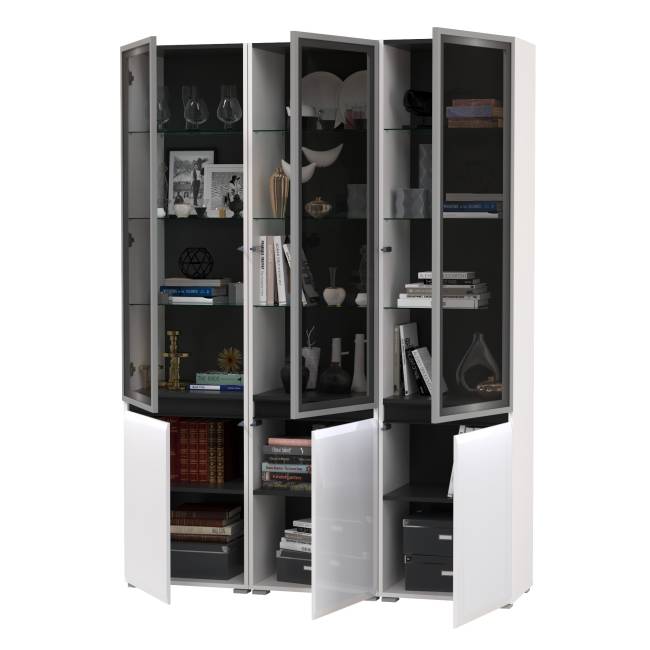 Горка в гостиную с с тремя стеклянными дверками Сидней 13.201 цвет белый/чёрный/МДФ белый глянец Горка в гостиную с с тремя стеклянными дверками Сидней 13.201 цвет белый/чёрный/МДФ белый глянец