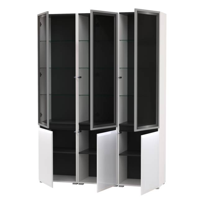 Горка в гостиную с с тремя стеклянными дверками Сидней 13.201 цвет белый/чёрный/МДФ белый глянец Горка в гостиную с с тремя стеклянными дверками Сидней 13.201 цвет белый/чёрный/МДФ белый глянец