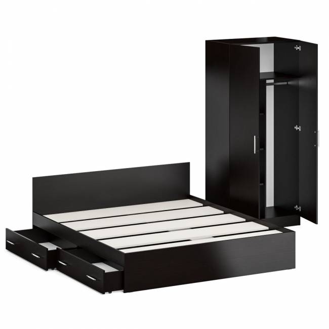 Двуспальная кровать с ящиками 1800 со шкафом для одежды 2-х створчатым Стандарт цвет венге Двуспальная кровать с ящиками 1800 со шкафом для одежды 2-х створчатым Стандарт цвет венге