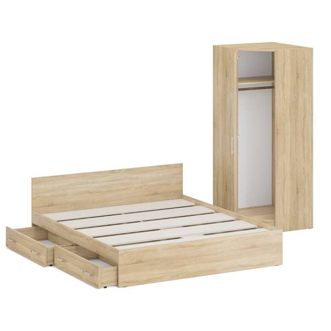 Двуспальная кровать с ящиками 1800 с угловым шкафом Стандарт цвет дуб сонома