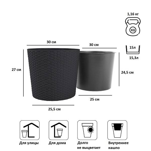 Кашпо для цветов RATO ROUND DRTUS300L-S433 антрацит 2 предмета 15 и 15.3л