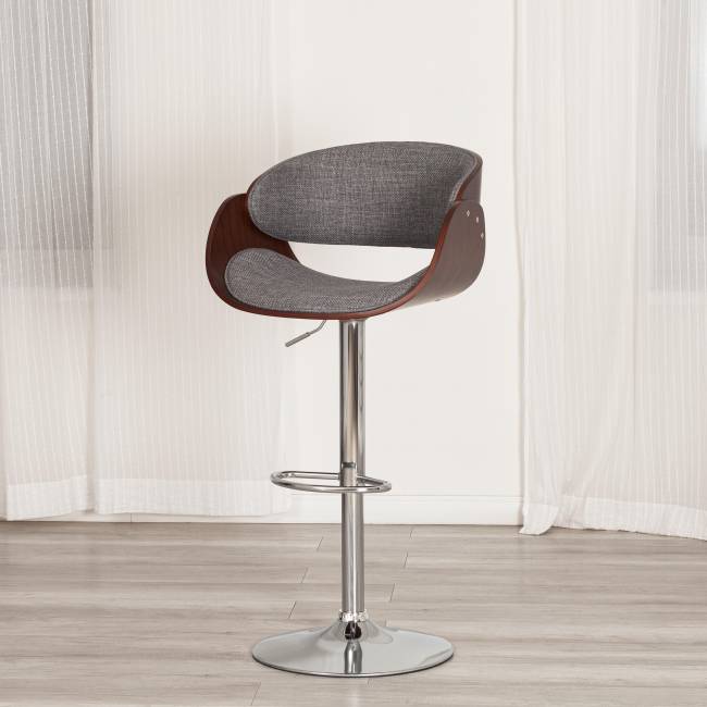 Барный стул Lando/Ландо (мод.4036) металл/дерево/ткань, 59х51х93-114см, высота сиденья 62-83см, серый/орех/хром, Аймкаса 28 орех темный, серый металл/дерево/ткань