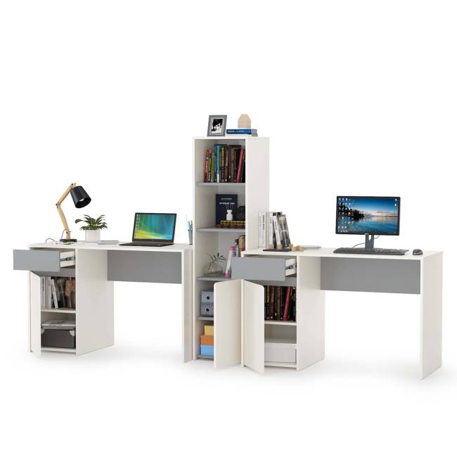 Два письменных стола и открытый стеллаж Торонто цвет белый шагрень/стальной серый Два письменных стола и открытый стеллаж Торонто цвет белый шагрень/стальной серый