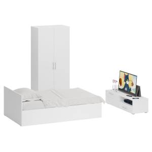 Спальня белая Стандарт № 3 с кроватью 1200 цвет белый/фасады ТВ тумбы МДФ белый глянец