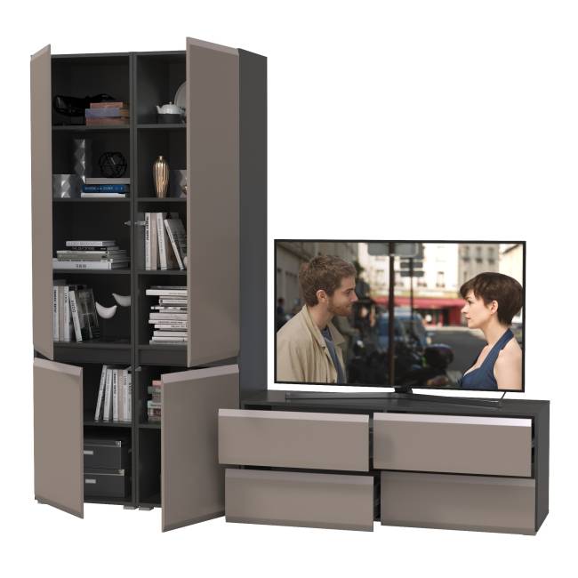 Два шкафа с полками внутри и тумба под ТВ Сидней цвет антрацит/МДФ веллюто капучино Два шкафа с полками внутри и тумба под ТВ Сидней цвет антрацит/МДФ веллюто капучино