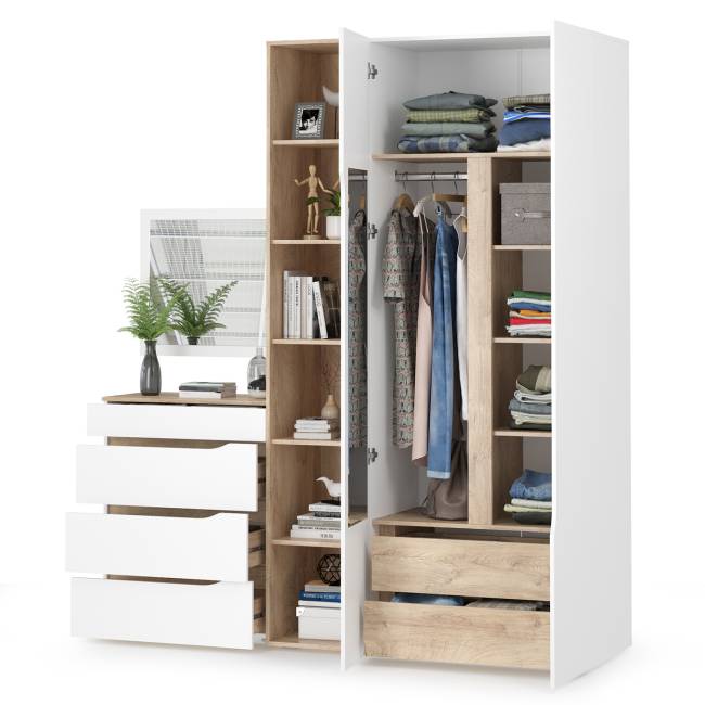 Комплект Муссон Шкаф + Стеллаж + Комод + Зеркало цвет белый/дуб эндгрейн элегантный Комплект Муссон Шкаф + Стеллаж + Комод + Зеркало цвет белый/дуб эндгрейн элегантный