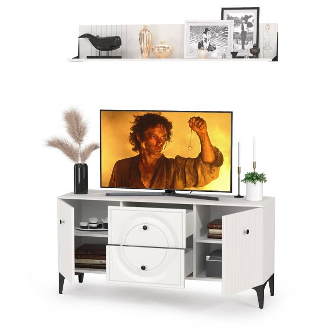 Тумба для ТВ с навесной полкой Валенсия цвет белый шагрень