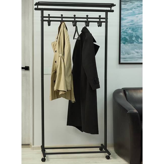 Вешалка напольная на колесах М 9 чёрный с крючками