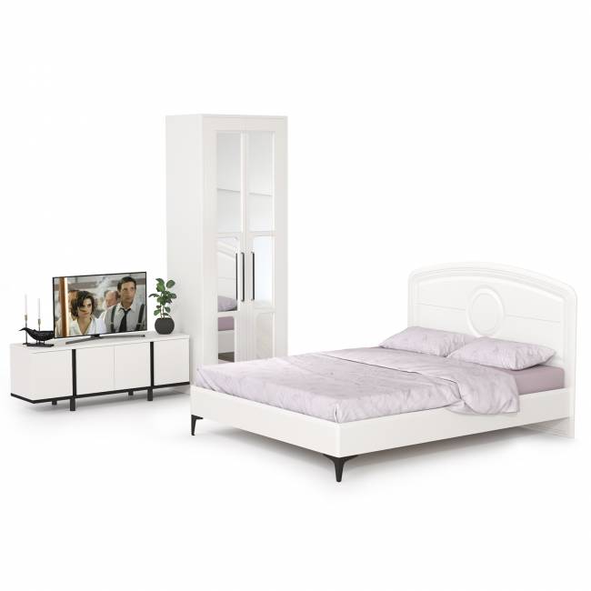 Кровать 1600 с ТВ-тумбой и шкафом с зеркалами Валенсия цвет белый шагрень/чёрный
