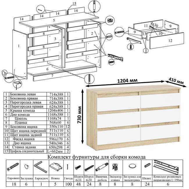 Широкий комод шесть ящиков Мори МК1200.6 цвет дуб сонома/белый Широкий комод шесть ящиков Мори МК1200.6 цвет дуб сонома/белый