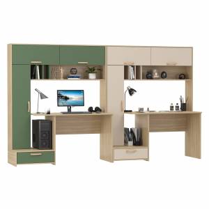 Письменные столы для двоих человек Лайт 03.243Н с открытыми полочками цвет плэйн/дымчатый зелёный/плэйн/сатин