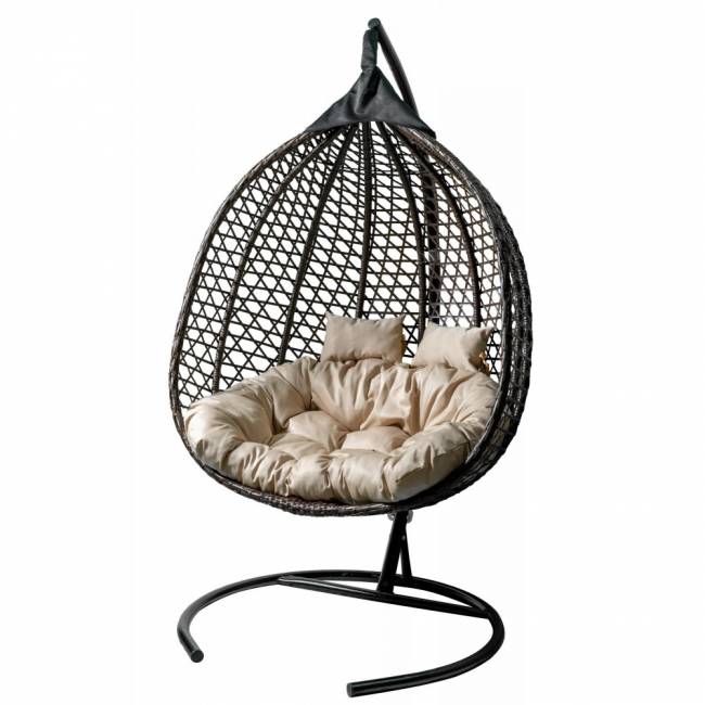 Кресло подвесное двойное Фиджи, стойка+основание.черн.,корзн.корич.,подуш.беж