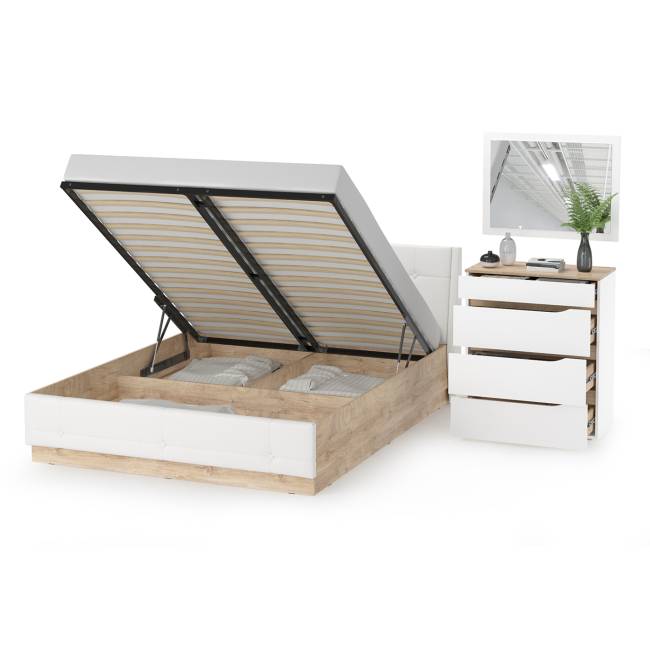 Кровать с подъёмным ортопедом 1600 и комод с зеркалом Муссон цвет белый/дуб эндгрейн элегантный/кожзам белый Кровать с подъёмным ортопедом 1600 и комод с зеркалом Муссон цвет белый/дуб эндгрейн элегантный/кожзам белый