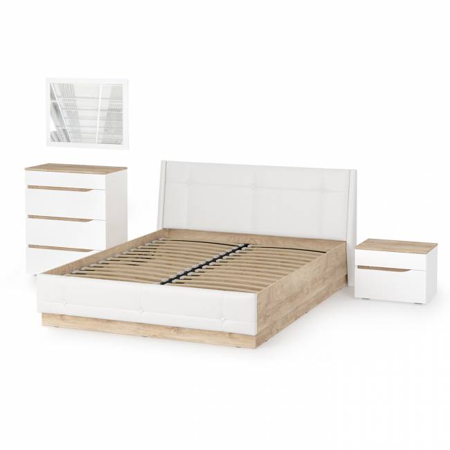 Кровать с подъёмным ортопедом Муссон 1600 с тумбочкой и комодом с зеркалом СВК цвет белый/дуб эндгрейн элегантный/кожзам белый Кровать с подъёмным ортопедом Муссон 1600 с тумбочкой и комодом с зеркалом СВК цвет белый/дуб эндгрейн элегантный/кожзам белый
