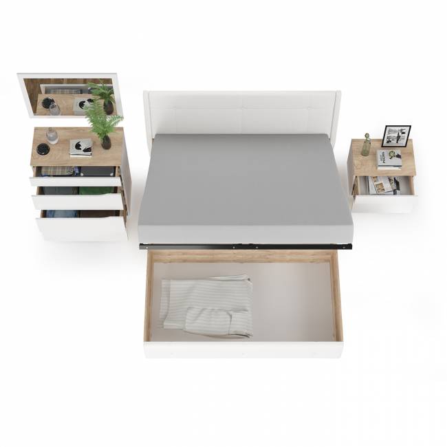 Кровать с подъёмным ортопедом Муссон 1600 с тумбочкой и комодом с зеркалом СВК цвет белый/дуб эндгрейн элегантный/кожзам белый Кровать с подъёмным ортопедом Муссон 1600 с тумбочкой и комодом с зеркалом СВК цвет белый/дуб эндгрейн элегантный/кожзам белый