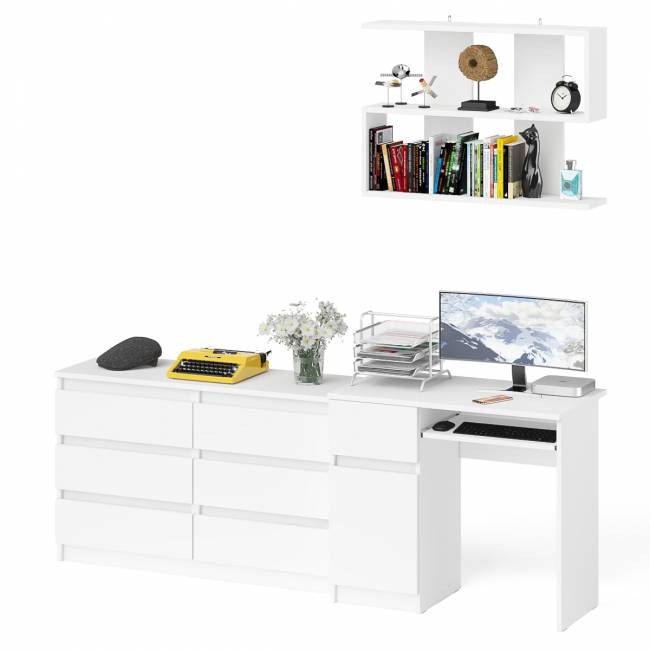 Большой комод на 6-ть ящиков Мори с компьютерным столом МС-1 левый и полка открытая на 900 цвет белый Большой комод на 6-ть ящиков Мори с компьютерным столом МС-1 левый и полка открытая на 900 цвет белый