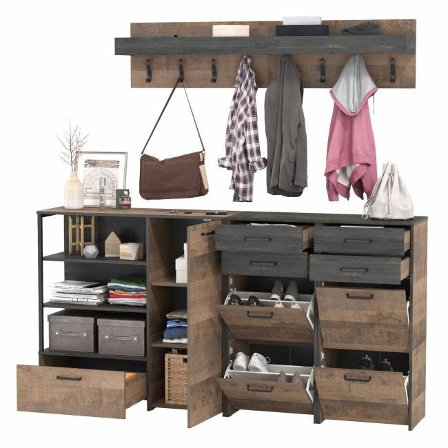 Две вешалки для одежды с полкой с двумя тумбами для обуви и комодом-тумбой с дверкой Трувор цвет дуб гранж песочный/интра
