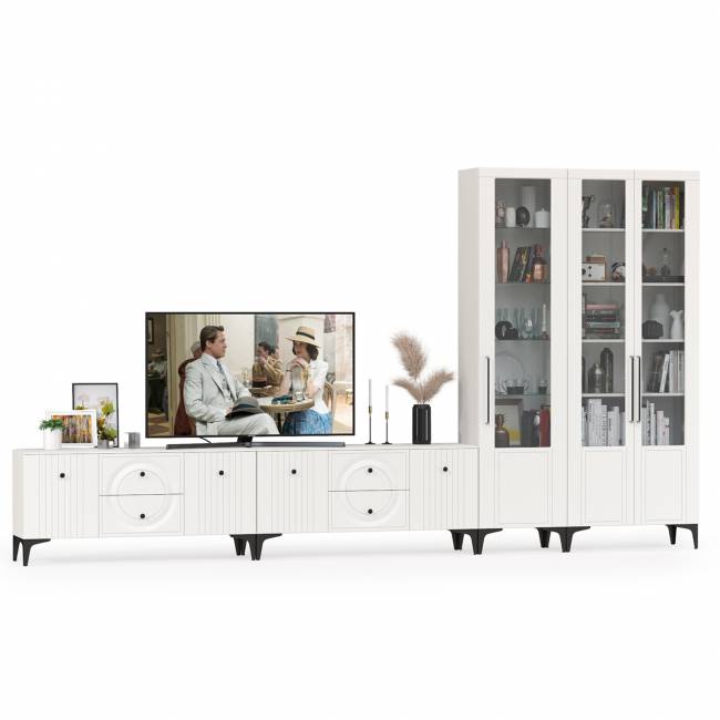 Две тумбы для аппаратуры и шкаф с тремя дверками стекло Валенсия цвет белый шагрень