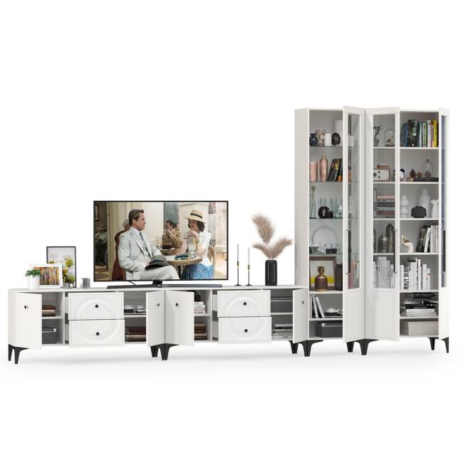 Две тумбы для аппаратуры и шкаф с тремя дверками стекло Валенсия цвет белый шагрень