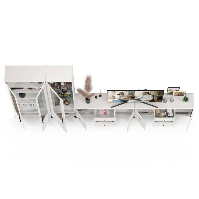 Две тумбы для аппаратуры и шкаф с тремя дверками стекло Валенсия цвет белый шагрень